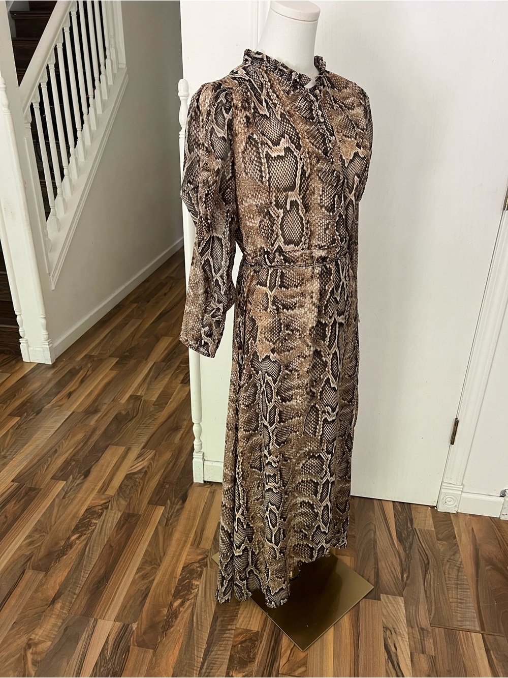 Mango Brown Snakeskin Indie 90s faux wrap long dress, ruffle collar, belted, 8